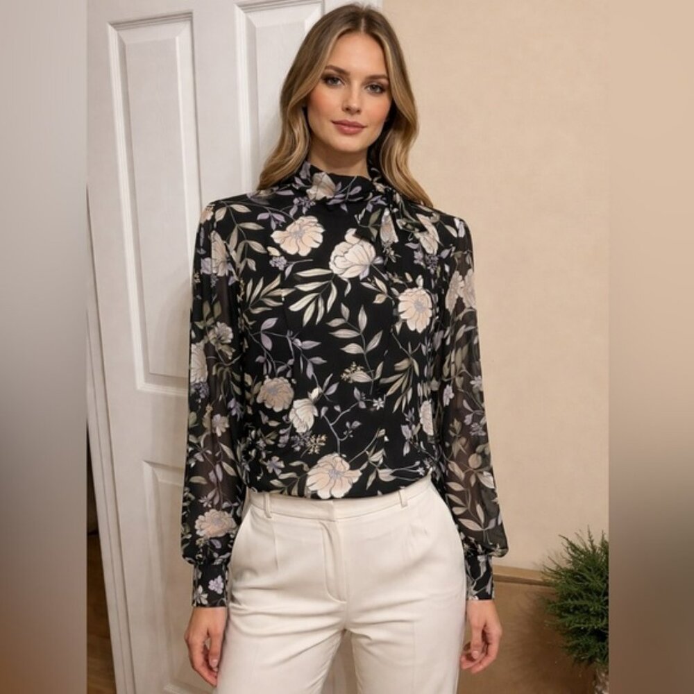 Calvin Klein Elegant Floral Sheer Sleeve Blouse